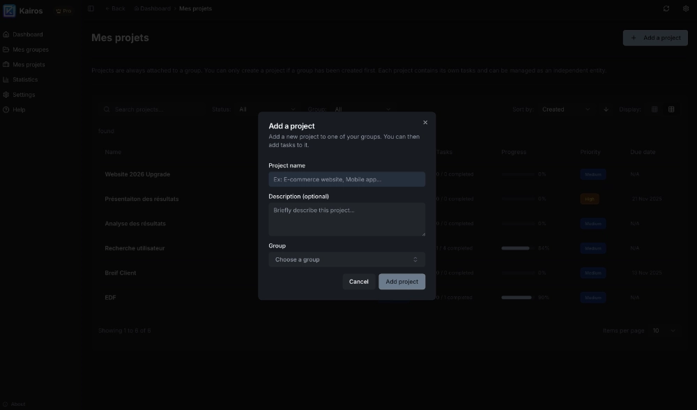 Kairos interface showing project organization