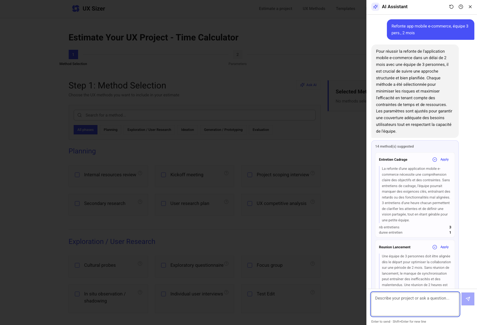 UXSIZER — 37 estimation methods